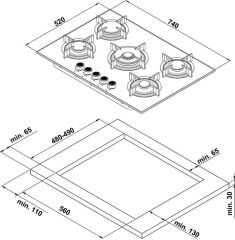ORION Ocak gazlı 75cm 4G1W siyah cam