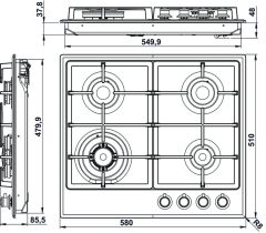 VINTAGE Ocak gazlı 60cm 3G1W krem/altın