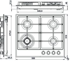 VINTAGE Ocak gazlı 60cm 3G1W krem/altın